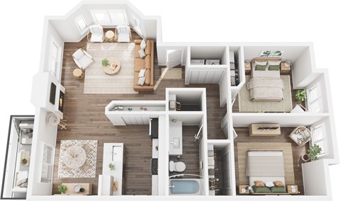 A top-down view of a modern, well-organized apartment layout.